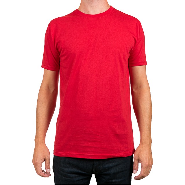 Man wearing red crewneck t-shirt