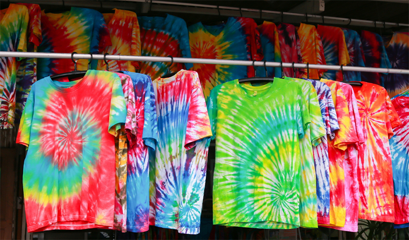 row tie dyed t shirts hanging