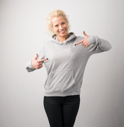 Woman in gray hoodie