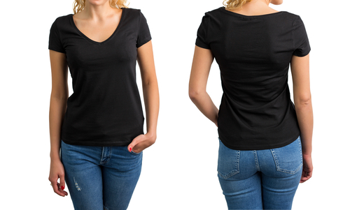 front and back of womens black v neck shirt