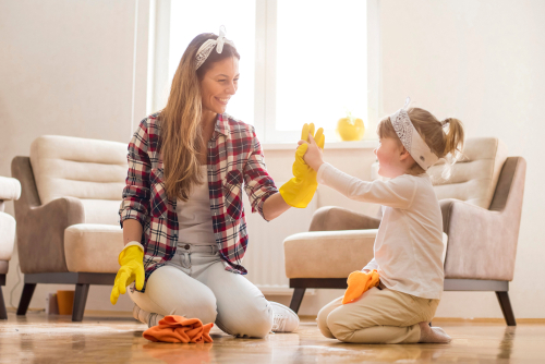 Mother and daughter cleaning