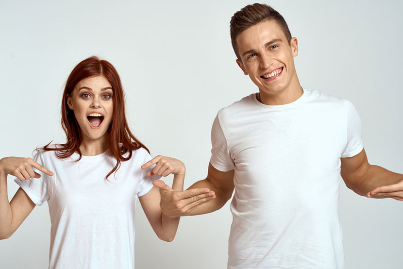 happy couple in plain white t shirts