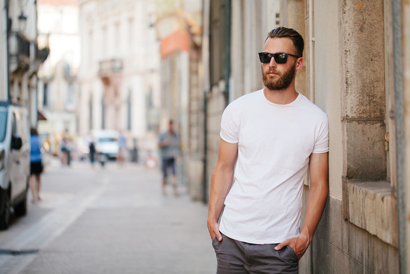 wearing sunglasses plain white t shirt