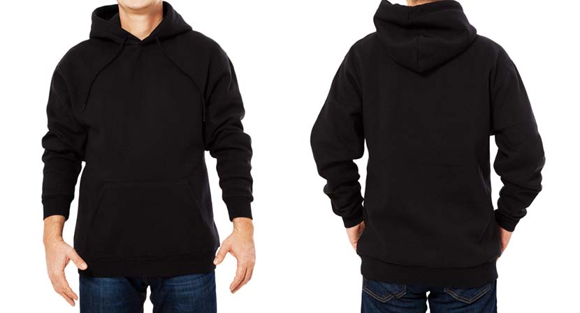 This photo shows a side by side picture of a man wearing a black, blank hooded sweatshirt, with the front of the hoodie showing on the left and the back of the hoodie on the right side of the picture.