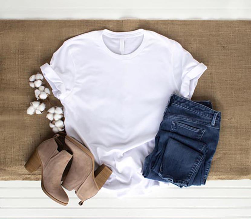 White shirt mockup - tshirt with cotton plant, burlap, boots and jeans