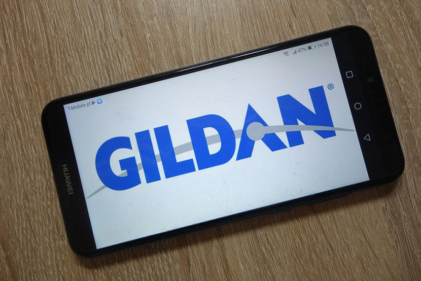 Gildan Activewear logo displayed on smartphone